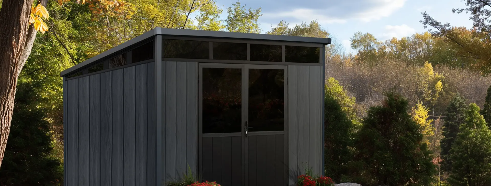 Forestar composite garden shed in a residential backyard