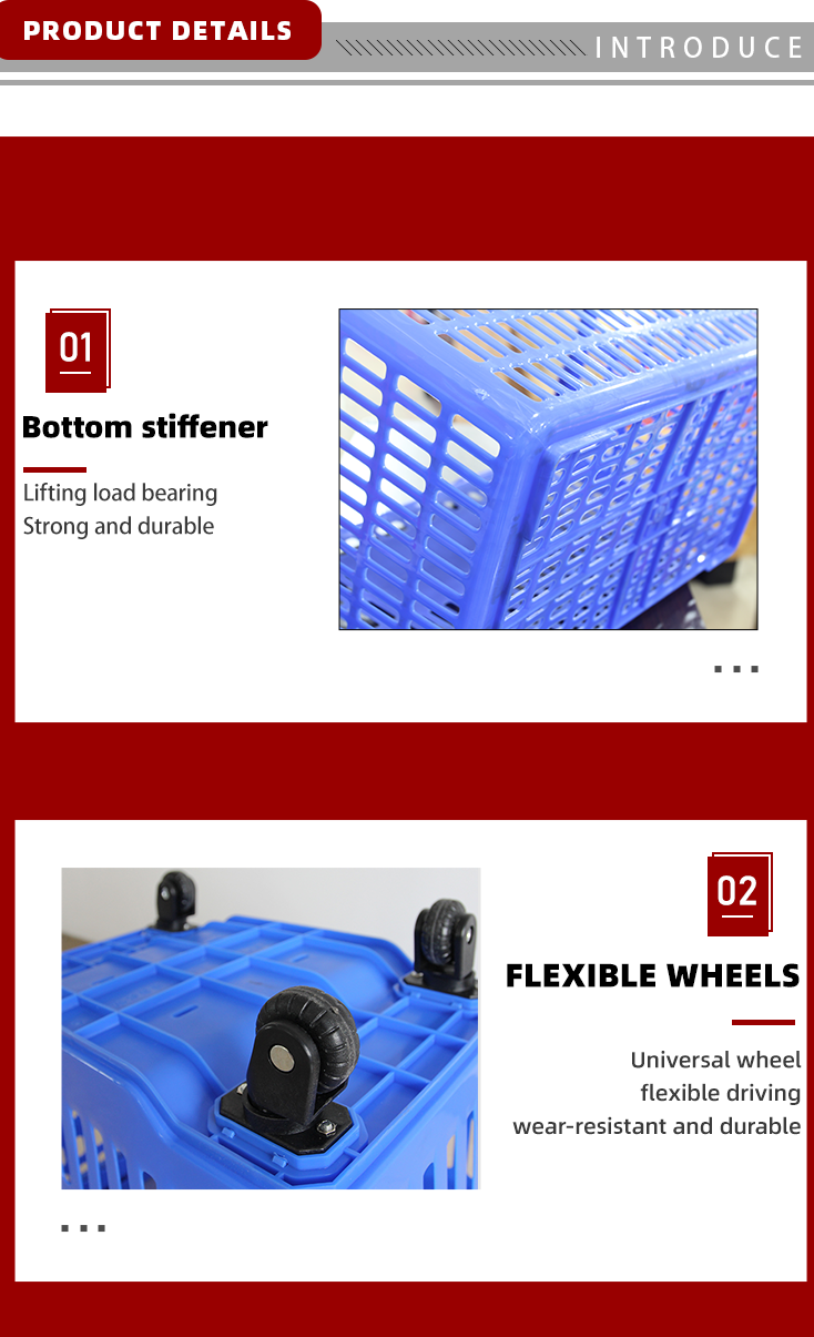 RUNDA-PW603 Red Single Pull Rod and One Handle with 4 Wheels Shopping Basket Plastic 40 Liters Capacity Supermarket Use RZ