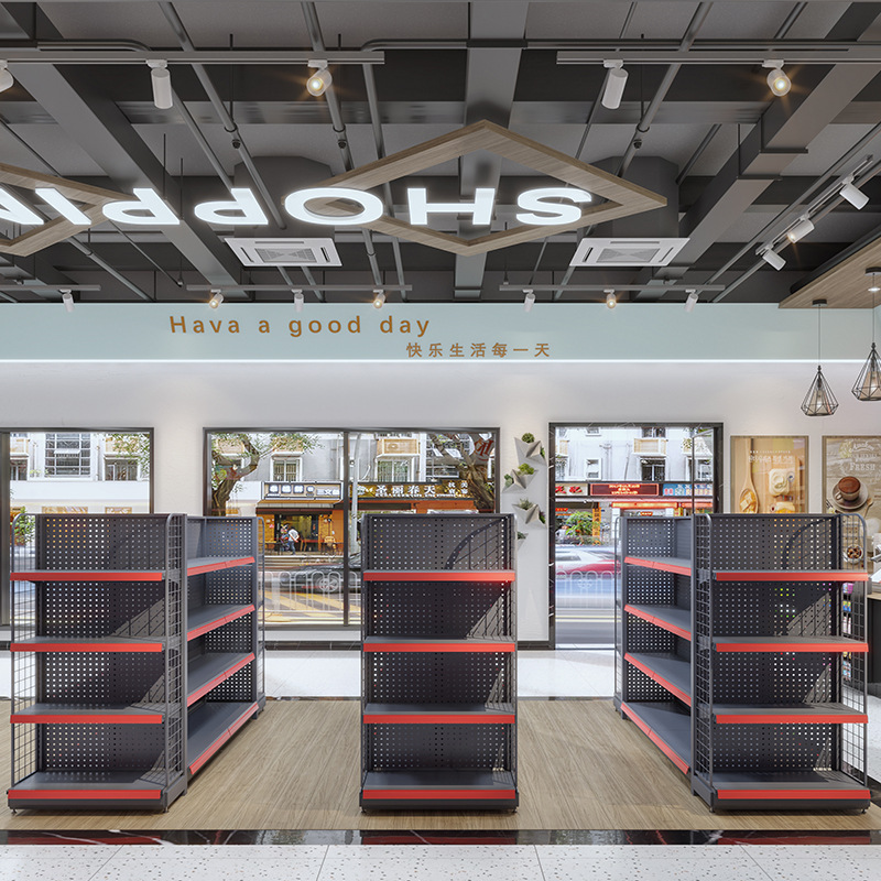 Retail Supermarket Heavy-Duty Metal Wood Display Shelf Double-Sided Island Rack with Multi-Layer for Store Use Clothing Display