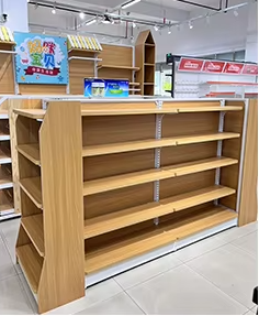 Metallic Supermarket Rack Steel Wood Snack Store Shelves for Boutique Pharmacy and Display Shelves