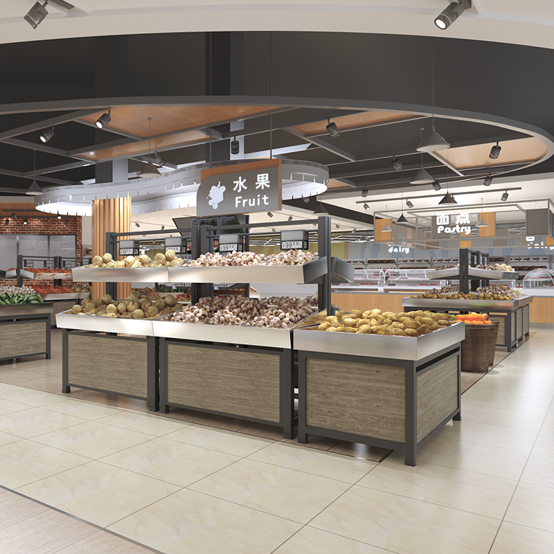 Customized Light-Duty Stainless Steel Vegetable Shelf Wood and Metal Fruit Stand for Supermarket Storage & Display