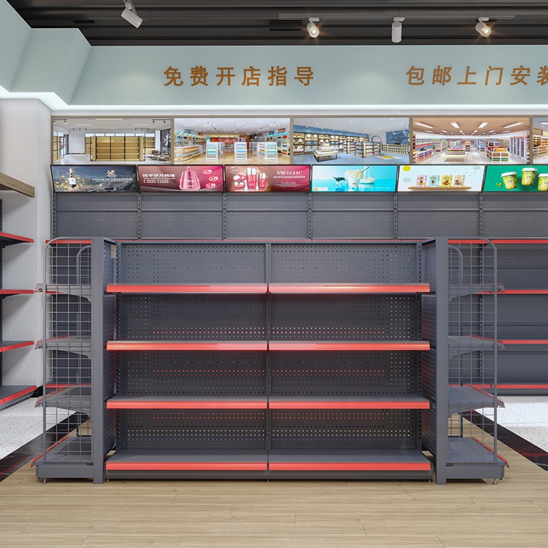 Retail Supermarket Heavy-Duty Metal Wood Display Shelf Double-Sided Island Rack with Multi-Layer for Store Use Clothing Display