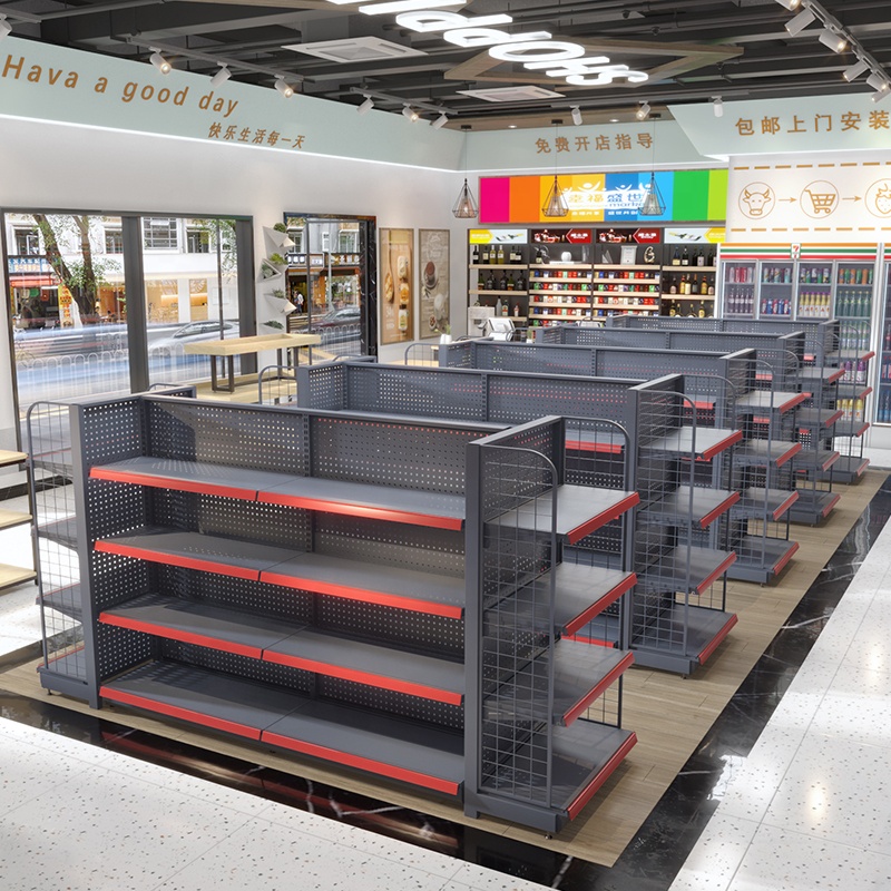 Retail Supermarket Heavy-Duty Metal Wood Display Shelf Double-Sided Island Rack with Multi-Layer for Store Use Clothing Display