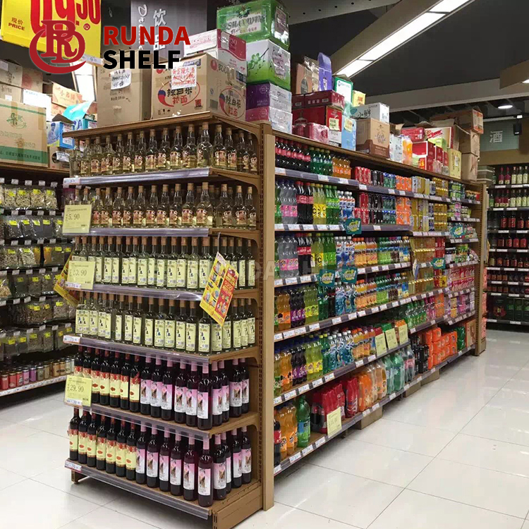 RUNDA Double-Sided Grocery Display Rack Light Duty Supermarket Shelf Metal and Wood for Store Use