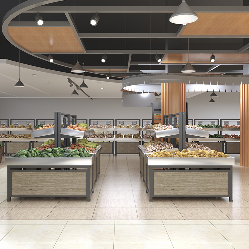 Customized Light-Duty Stainless Steel Vegetable Shelf Wood and Metal Fruit Stand for Supermarket Storage & Display