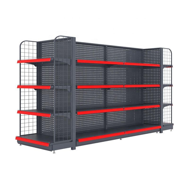 Retail Supermarket Heavy-Duty Metal Wood Display Shelf Double-Sided Island Rack with Multi-Layer for Store Use Clothing Display