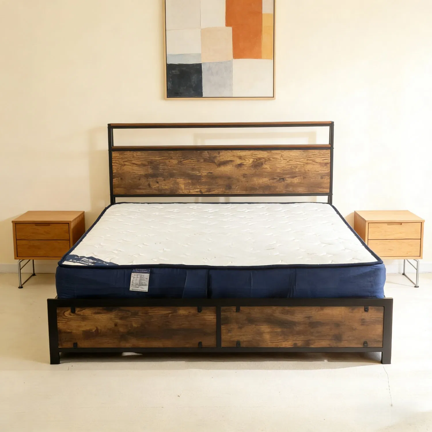 Home Wood Headboard Industrial Style Iron Bed Frame with Storage 4 Drawer