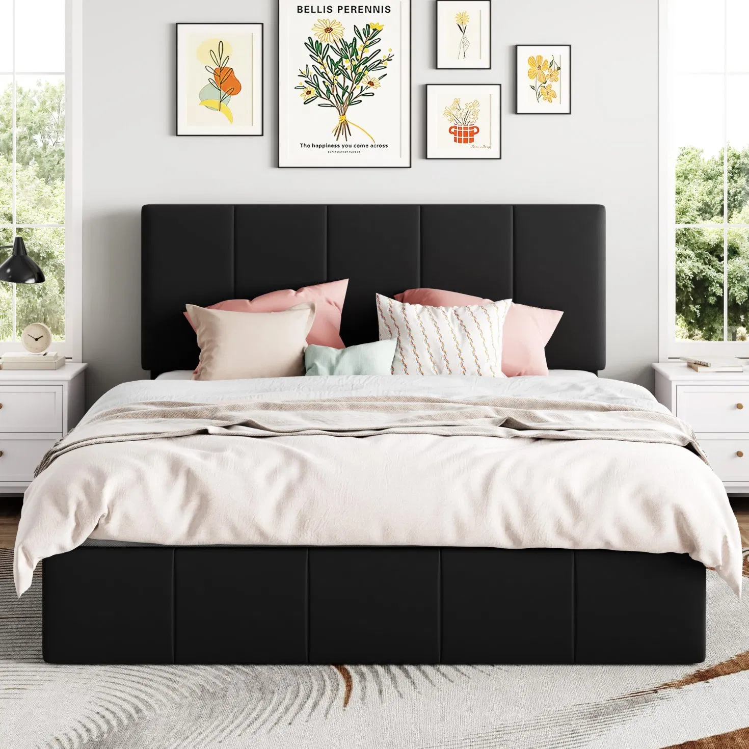 Modern King Size Wooden Storage Bed Frame with Ottoman Design