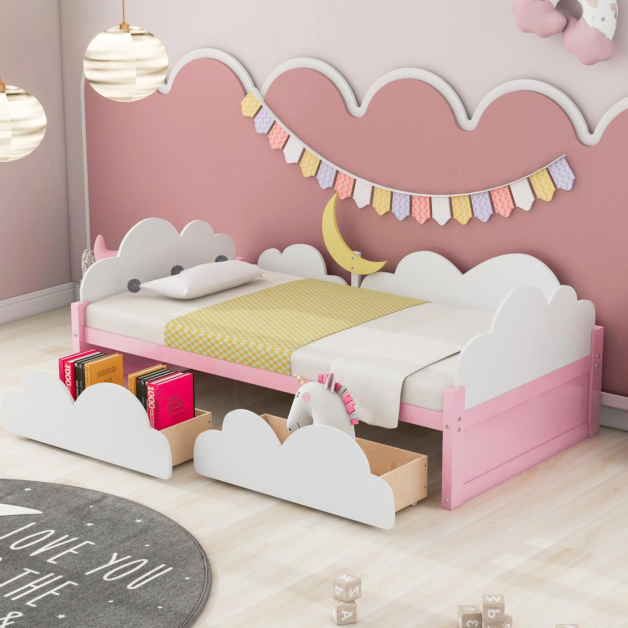 Twin Platform Bed Frame with 2 Storage Drawers, Wood Twin Bed Frames for Toddler Girls Boys