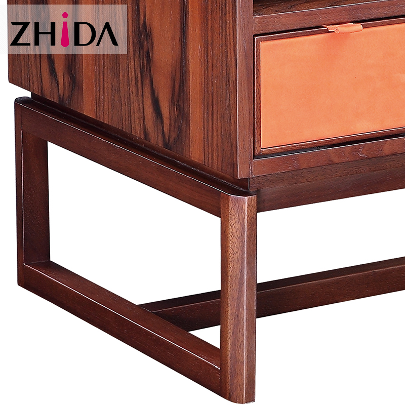 Hotel Walnut Wooden Nightstand in Suede Leather