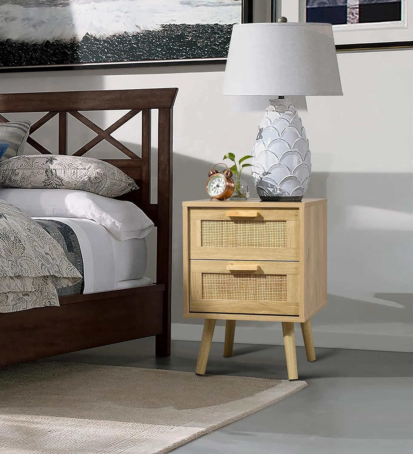 Nordic-Inspired Solid Wood Nightstand with 2 Handwoven Rattan Drawers (40×39.5×55cm) for Bedroom Spaces