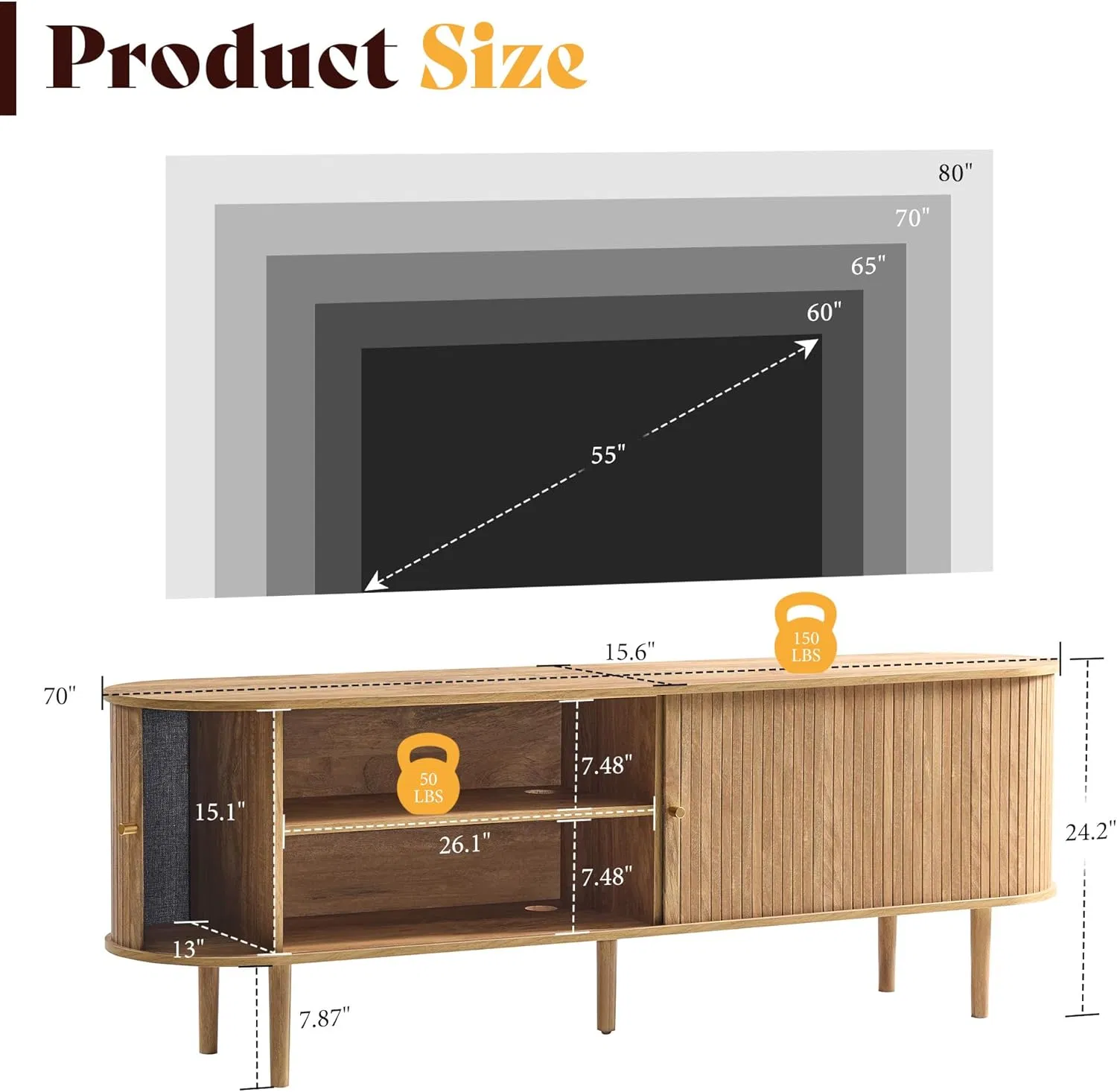 Functional Scandinavian Round Solid Wood TV Stand with 4 Open Shelves and 2 Side Cabinets for Living Room