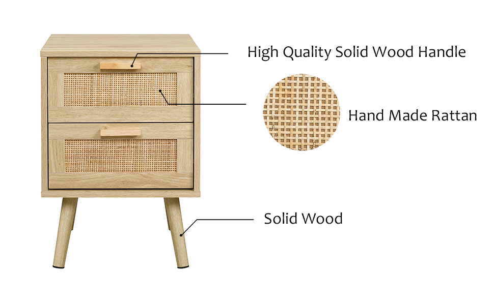 Nordic-Inspired Solid Wood Nightstand with 2 Handwoven Rattan Drawers (40×39.5×55cm) for Bedroom Spaces