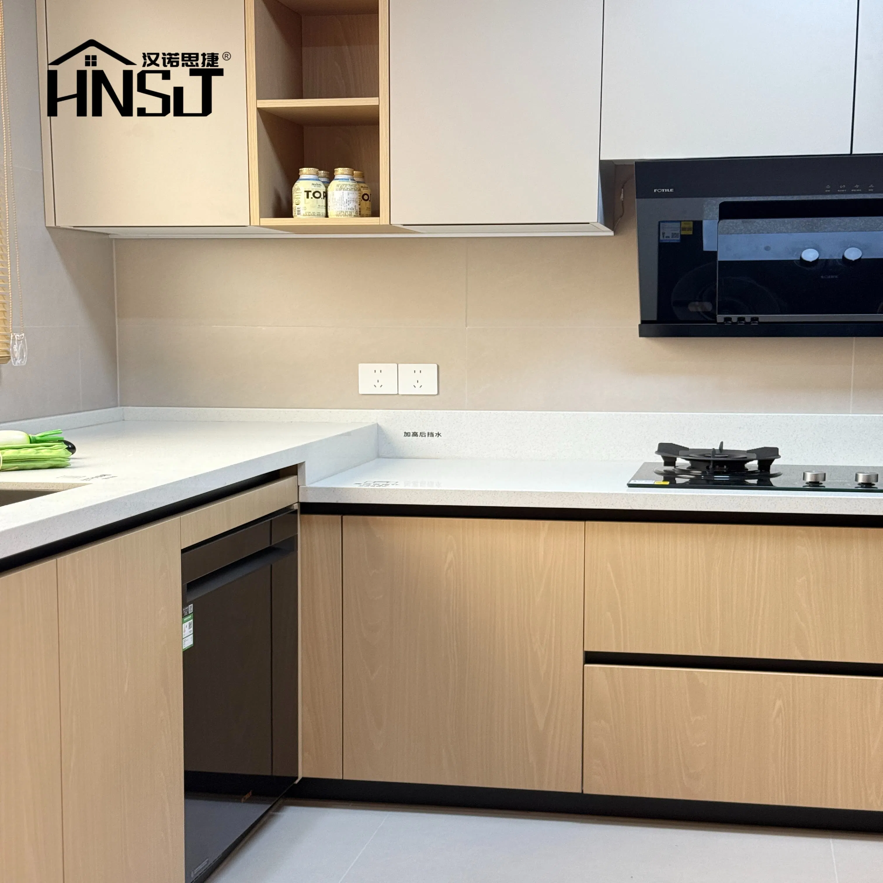 Wood Grain Countertop and Plywood Kitchen Cabinet Set with White High-Gloss Lacquer Kitchen Cabinet Modern Furniture Kitchen Cabinet Outdoor Kitchen