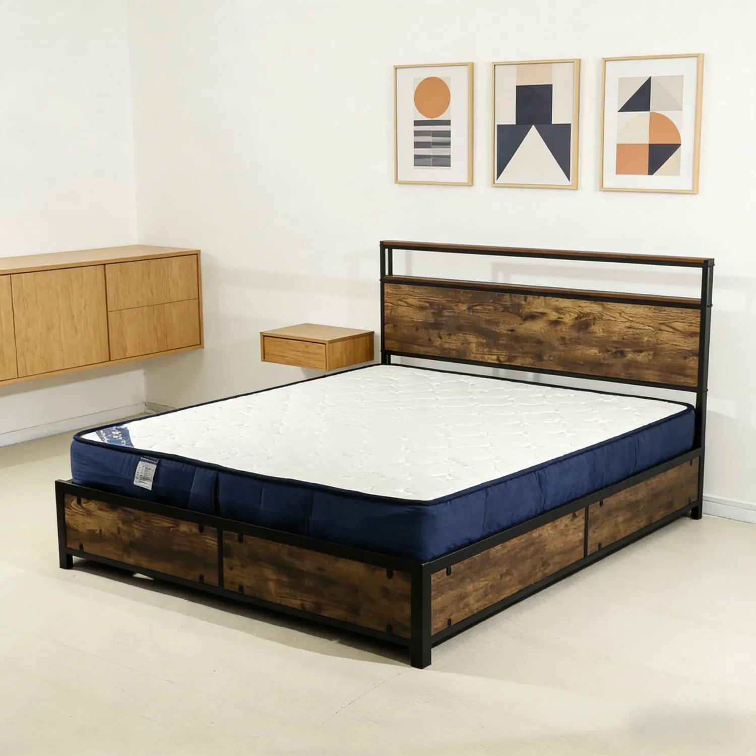 Home Wood Headboard Industrial Style Iron Bed Frame with Storage 4 Drawer