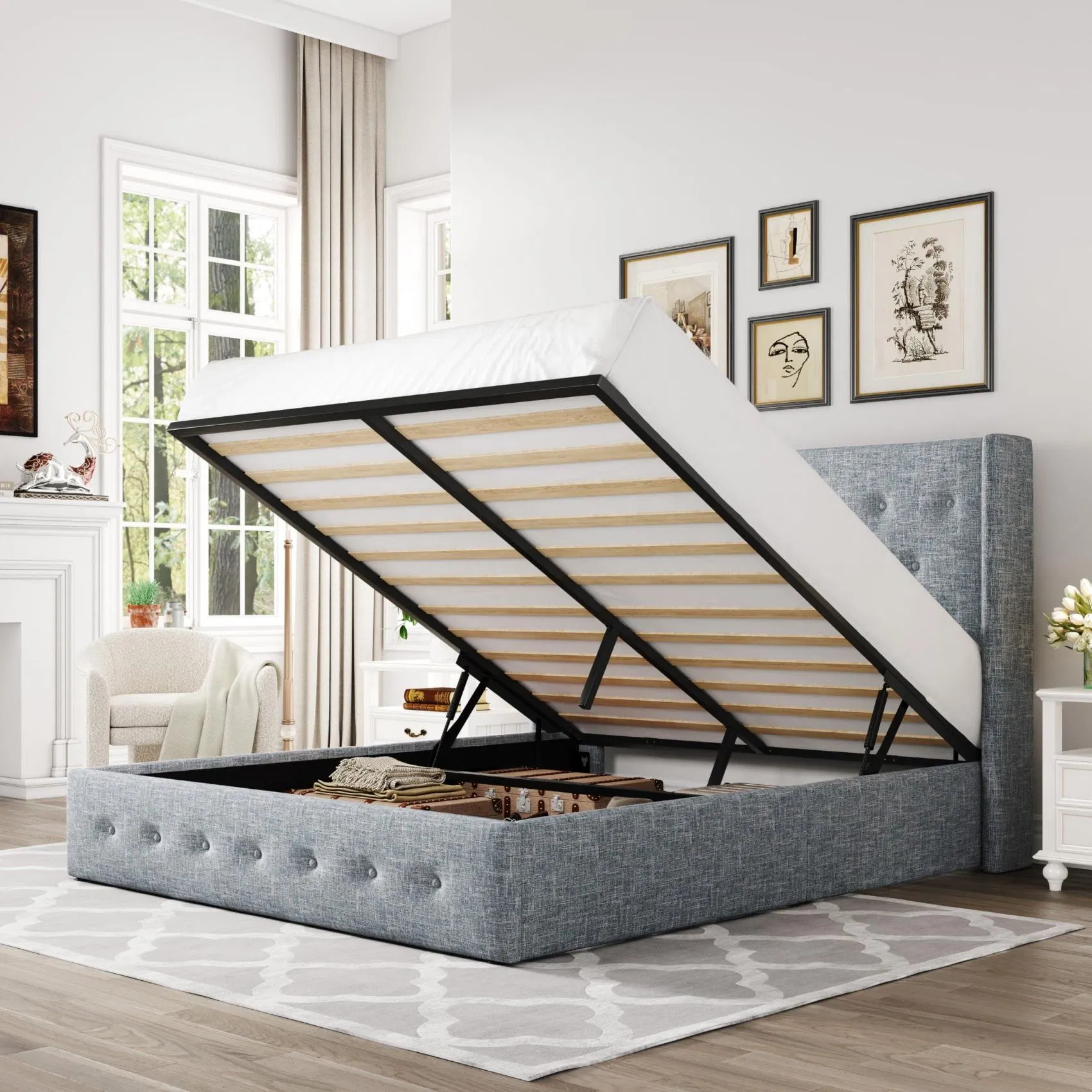 Elegant Wingback Linen Bed Frame with Storage and Modern Design