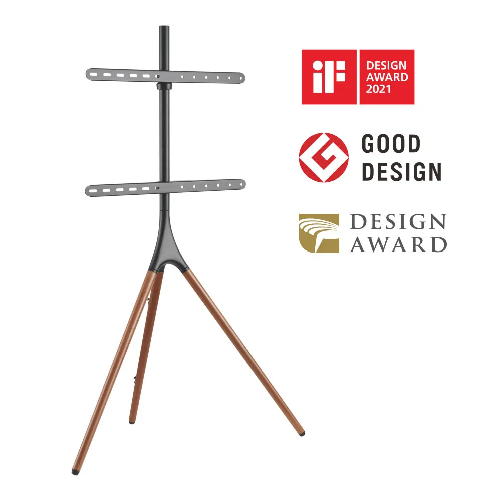 China Modern Furniture Adjustable Artistic Easel Studio TV Floor Display Stand with Tripod Base Dark Walnut Legs for 45 to 65 inch Screen