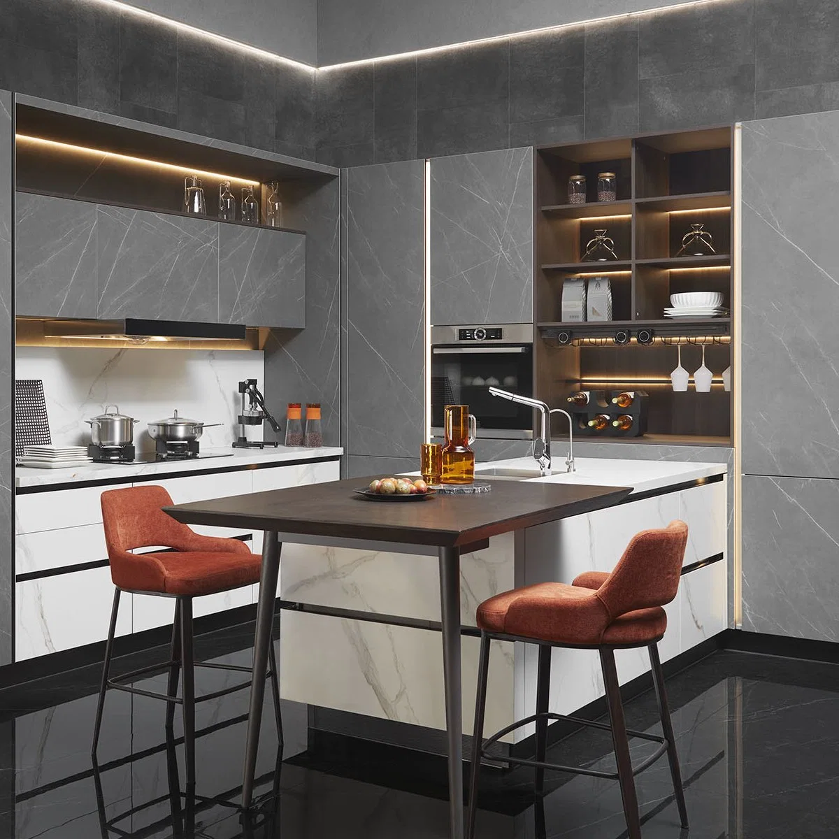 Solid Wooden Wholesale White Gloss Custom Modular Cuisine Equipment Hutch Flat Pack American Modern Storage Home Kitchen Cabinets