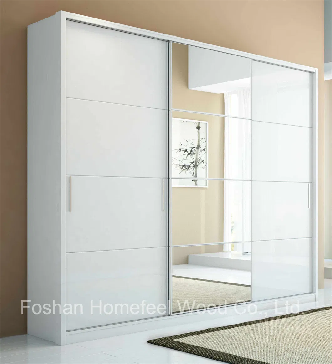 Modern White Wooden Home Furniture Mirrored Sliding Door Armoire Bedroom Wardrobe (HF-R6UU8)
