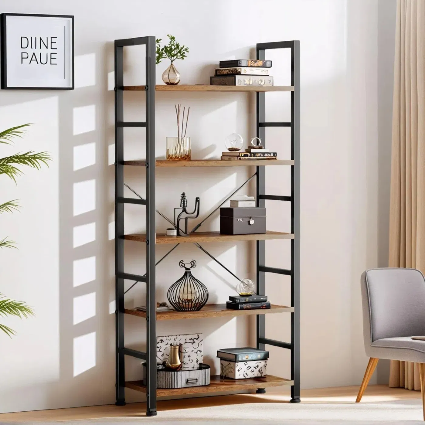 Modern 5 Tier Wooden Bookshelf Storage Organizer Tall Book Cases Open Shelf