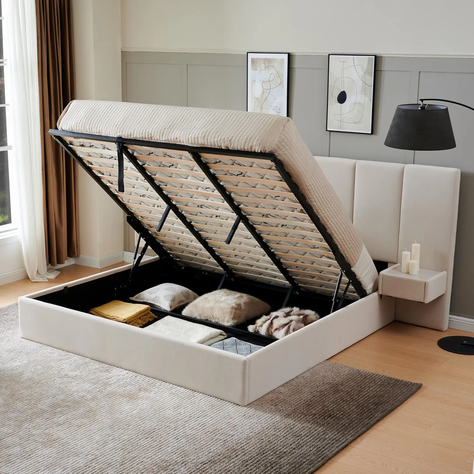 Modern Double-Size Upholstered Gas Lift Storage Bed Frame