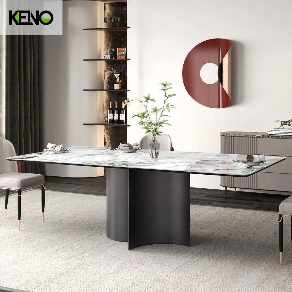 Modern 10 Chairs Set Black Base Marble Ceramic Sintered Stone Dining Table