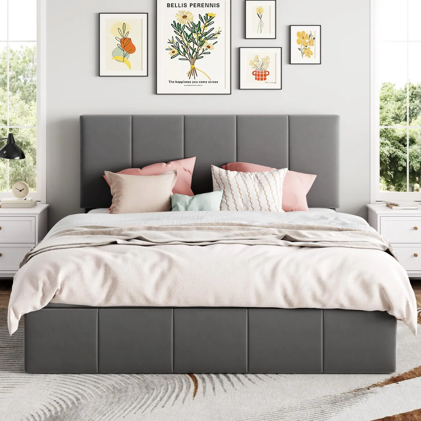 Modern King Size Wooden Storage Bed Frame with Ottoman Design