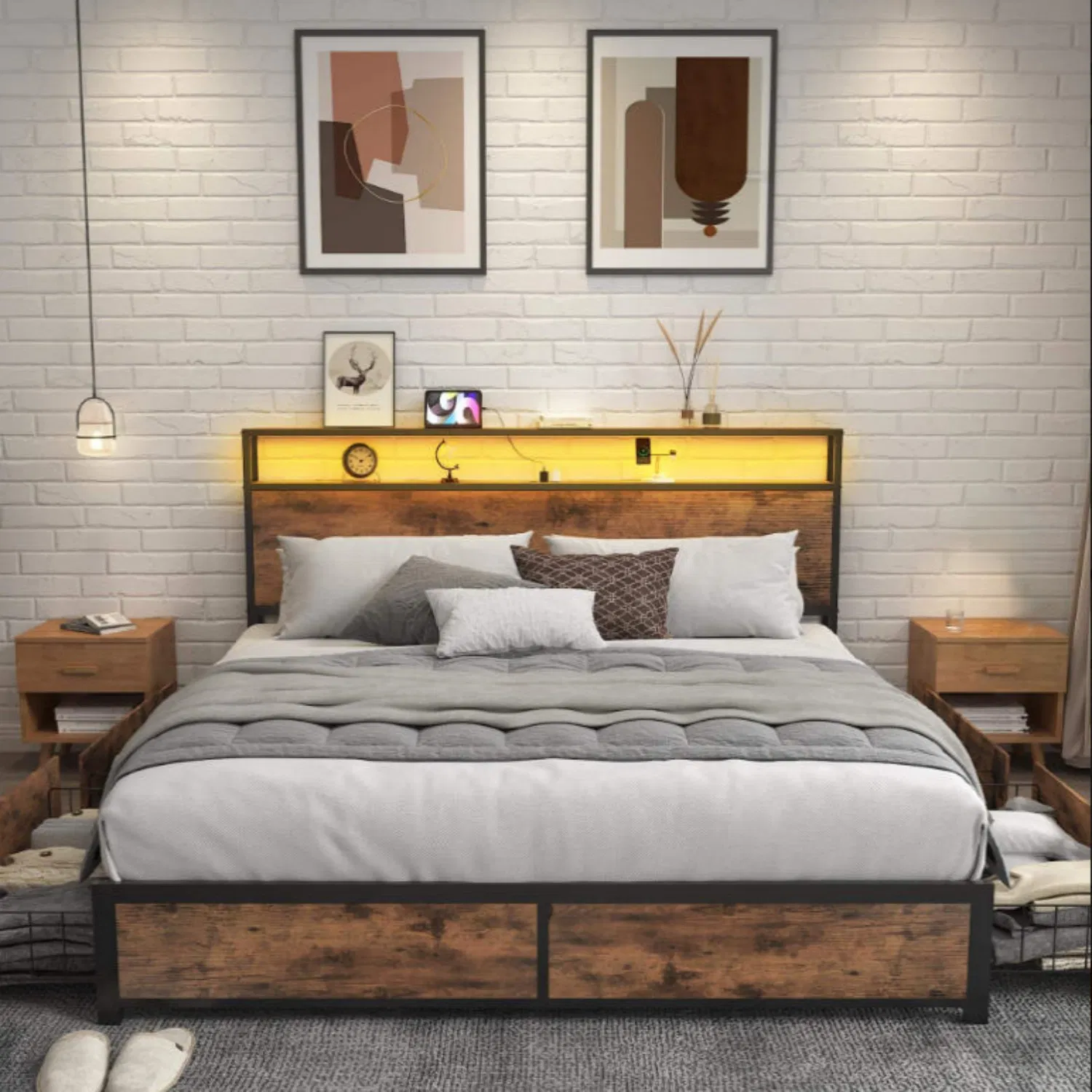 Home Wood Headboard Industrial Style Iron Bed Frame with Storage 4 Drawer
