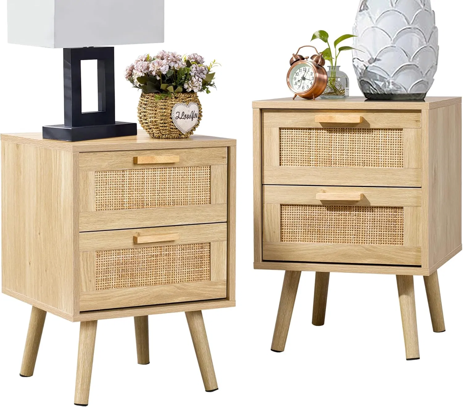 Nordic-Inspired Solid Wood Nightstand with 2 Handwoven Rattan Drawers (40×39.5×55cm) for Bedroom Spaces