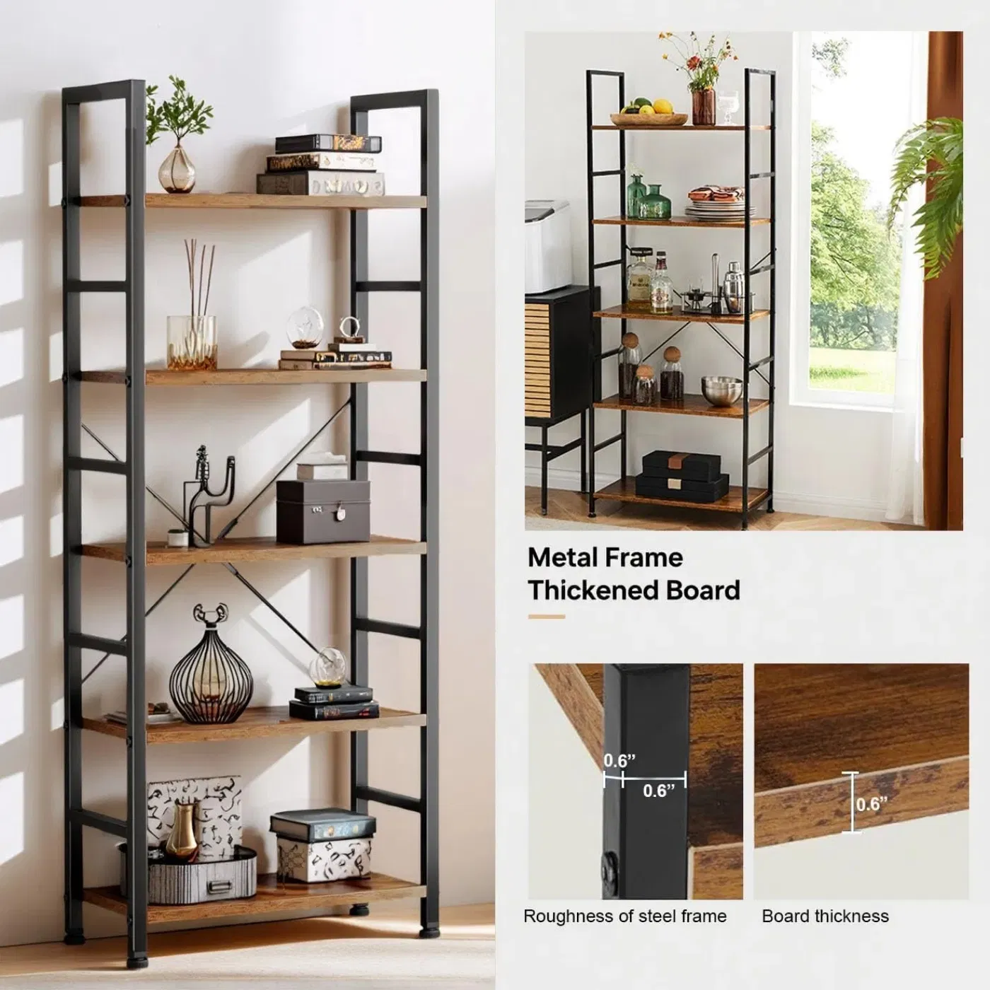 Modern 5 Tier Wooden Bookshelf Storage Organizer Tall Book Cases Open Shelf