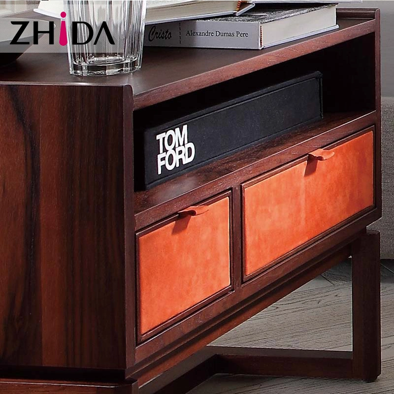 Hotel Walnut Wooden Nightstand in Suede Leather