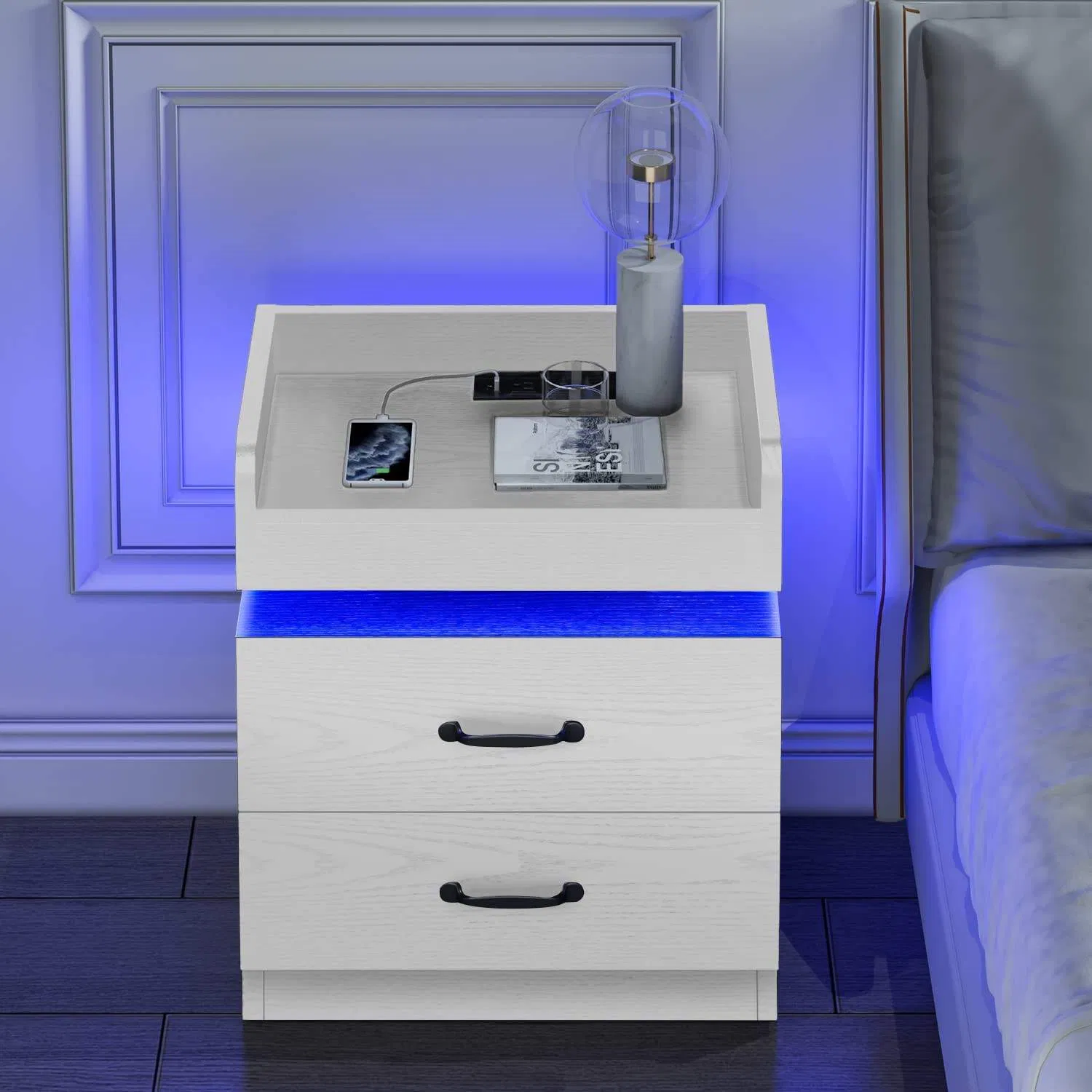 Modern Nightstand with USB Charging, 2-Tier Bedside Table with Drawer for Bedroom