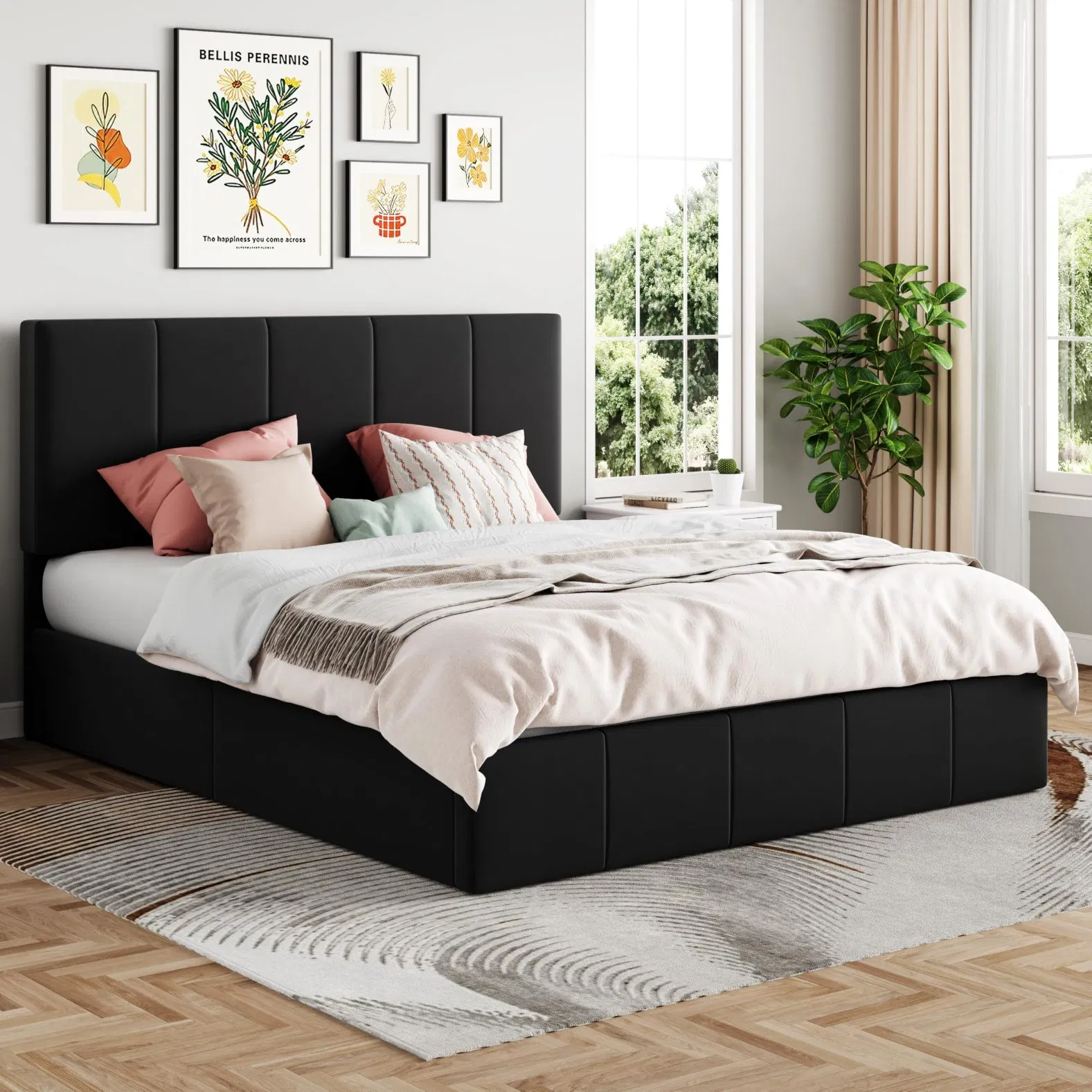 Modern King Size Wooden Storage Bed Frame with Ottoman Design