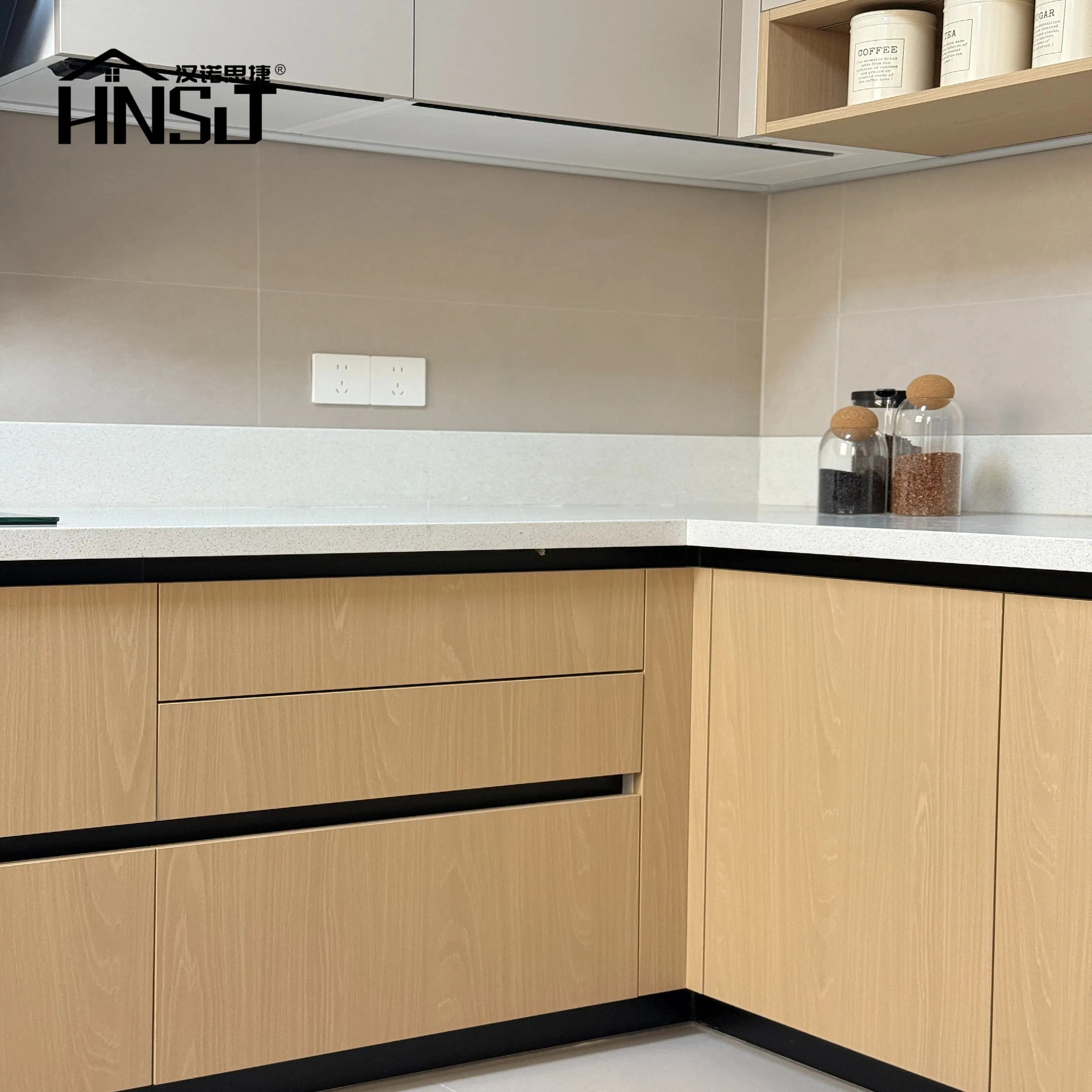 Wood Grain Countertop and Plywood Kitchen Cabinet Set with White High-Gloss Lacquer Kitchen Cabinet Modern Furniture Kitchen Cabinet Outdoor Kitchen