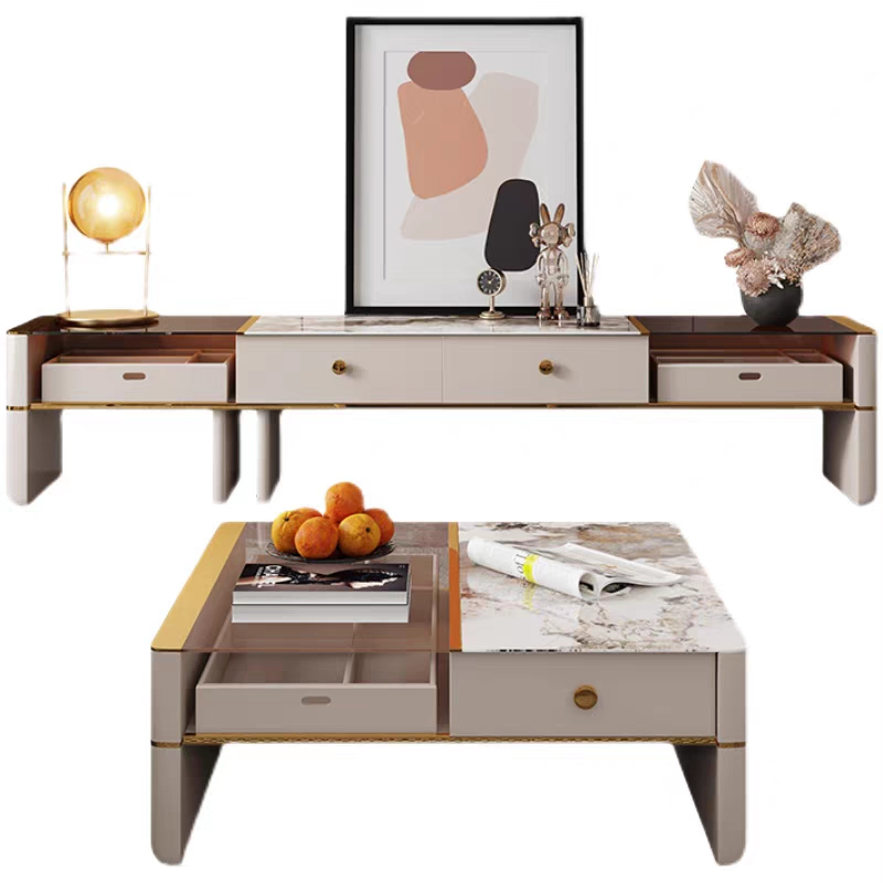 Luxury Modern Living Room Furniture Tempered Glass Top TV Stand and Coffee Table Set for Home Hotel