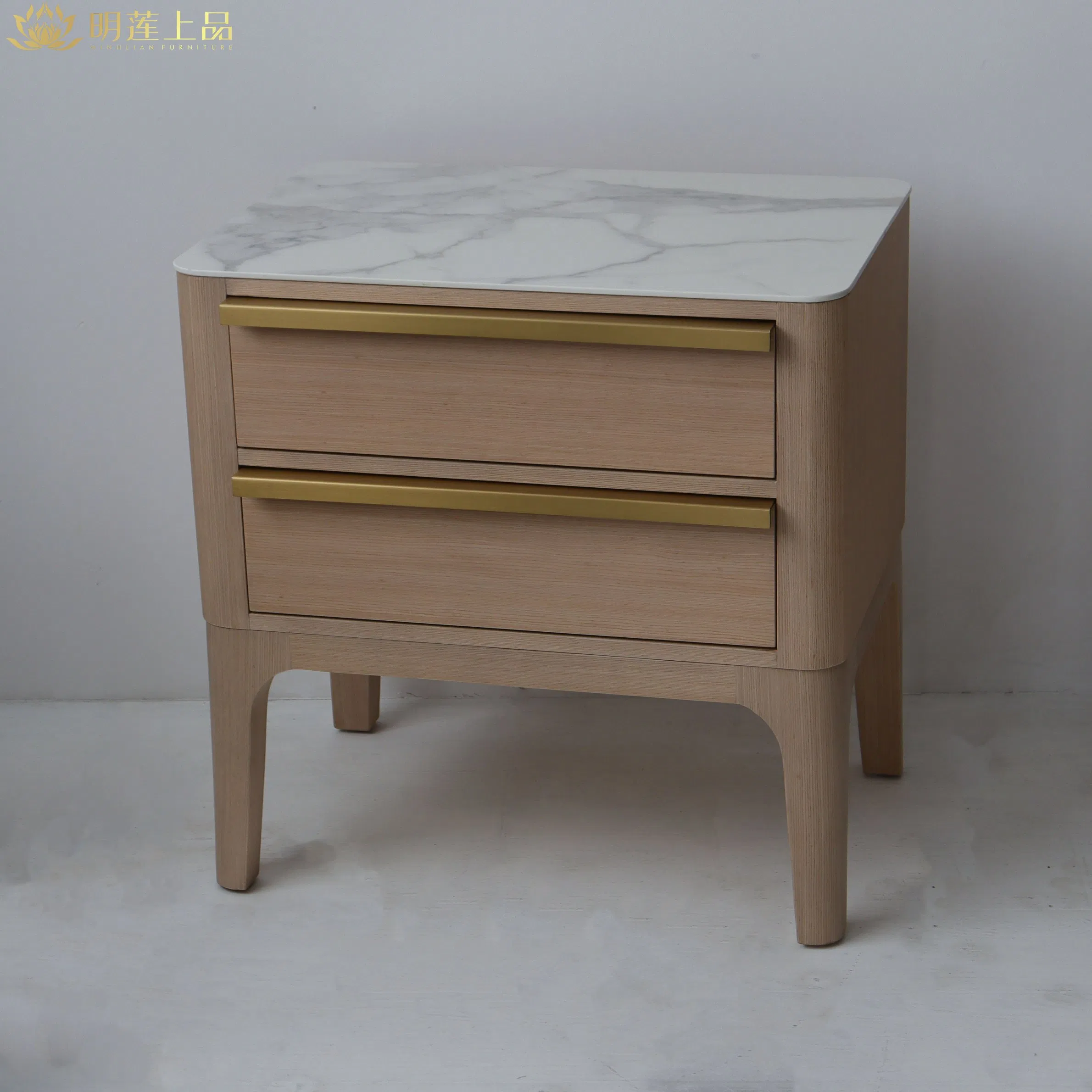 Modern Design Contract Furniture Plywood White Marble Top Nightstand with Two Drawers