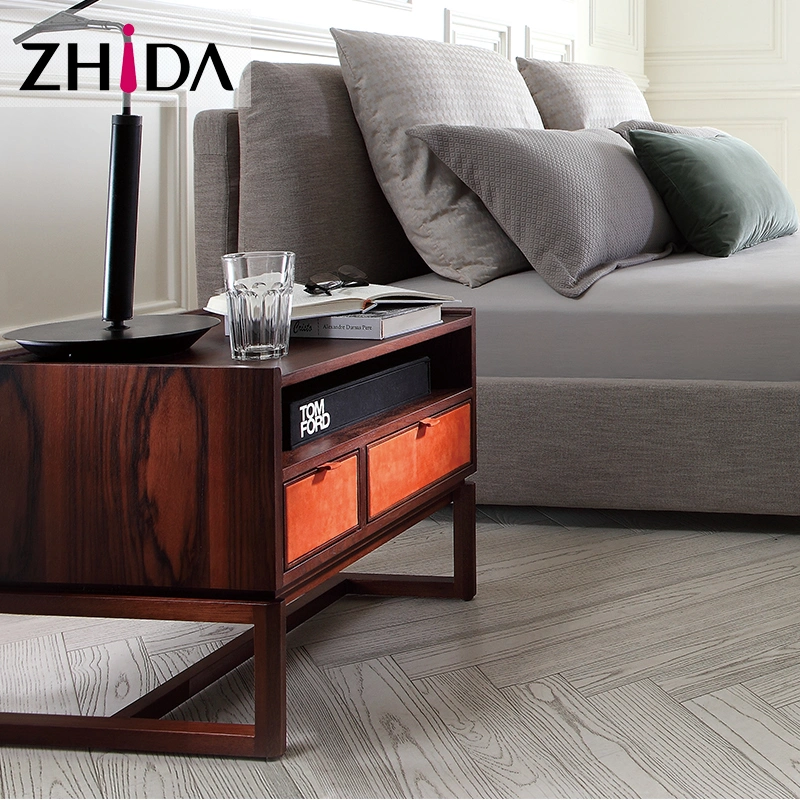 Hotel Walnut Wooden Nightstand in Suede Leather