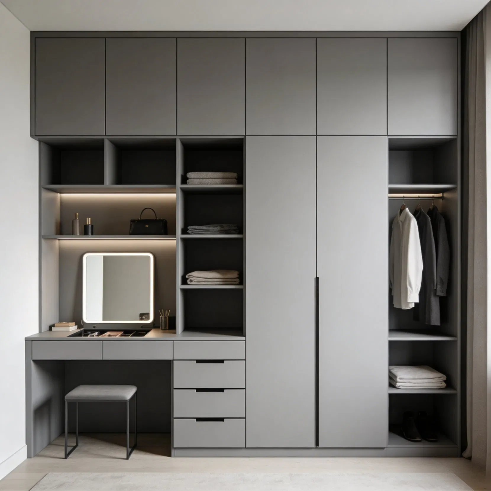 Modern Grey Wooden Home Furniture Mirrored Swing Door Armoire Bedroom Wardrobe