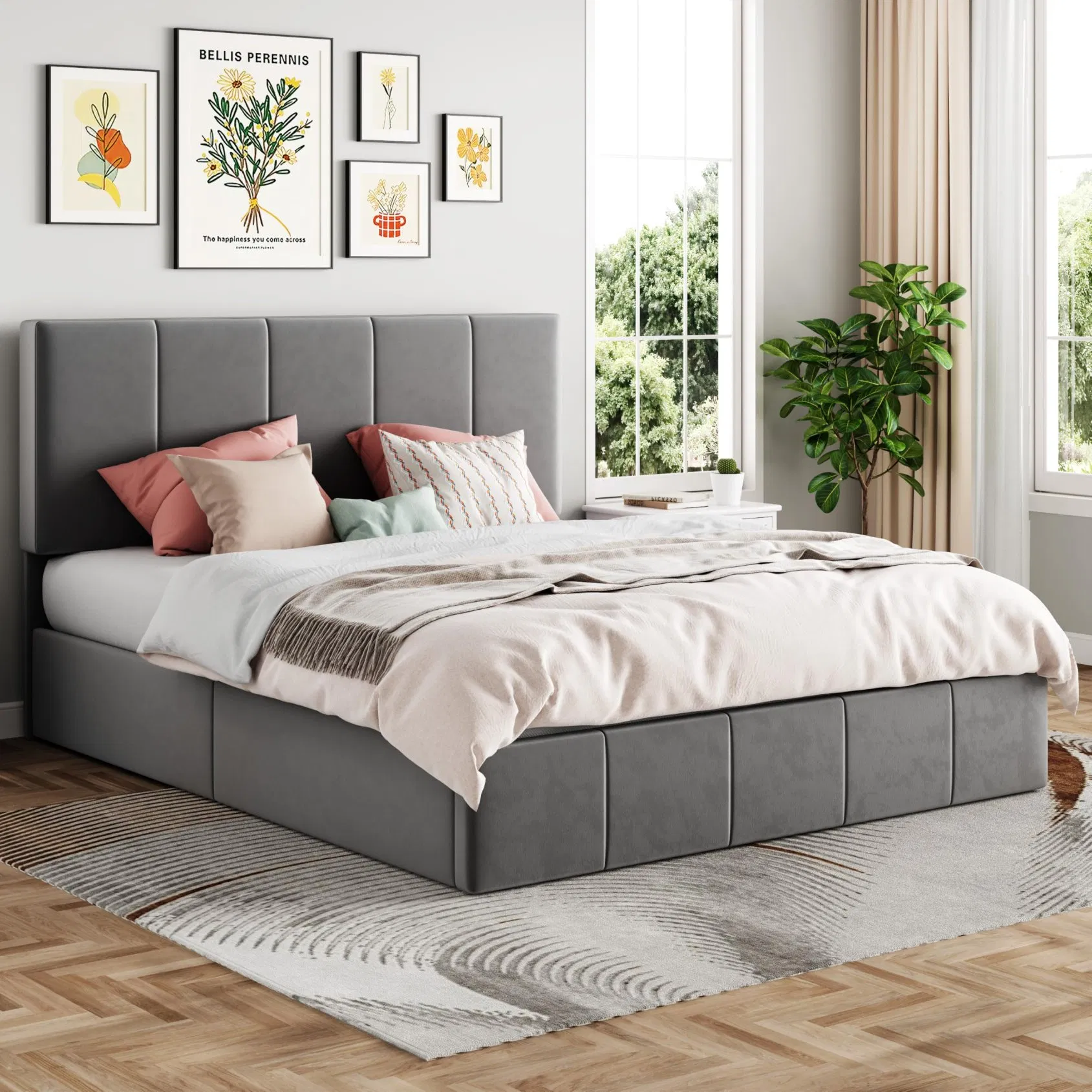 Modern King Size Wooden Storage Bed Frame with Ottoman Design