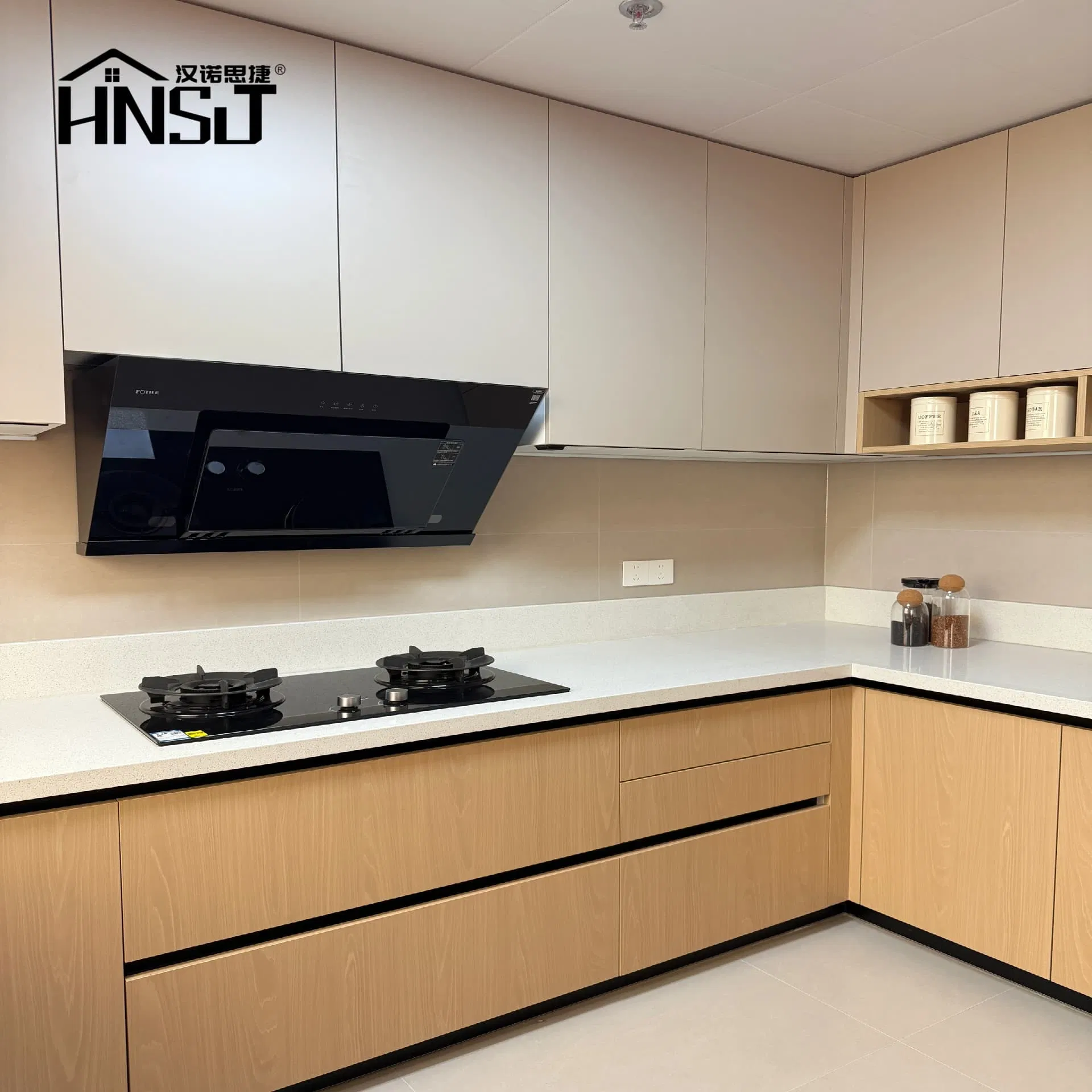 Wood Grain Countertop and Plywood Kitchen Cabinet Set with White High-Gloss Lacquer Kitchen Cabinet Modern Furniture Kitchen Cabinet Outdoor Kitchen