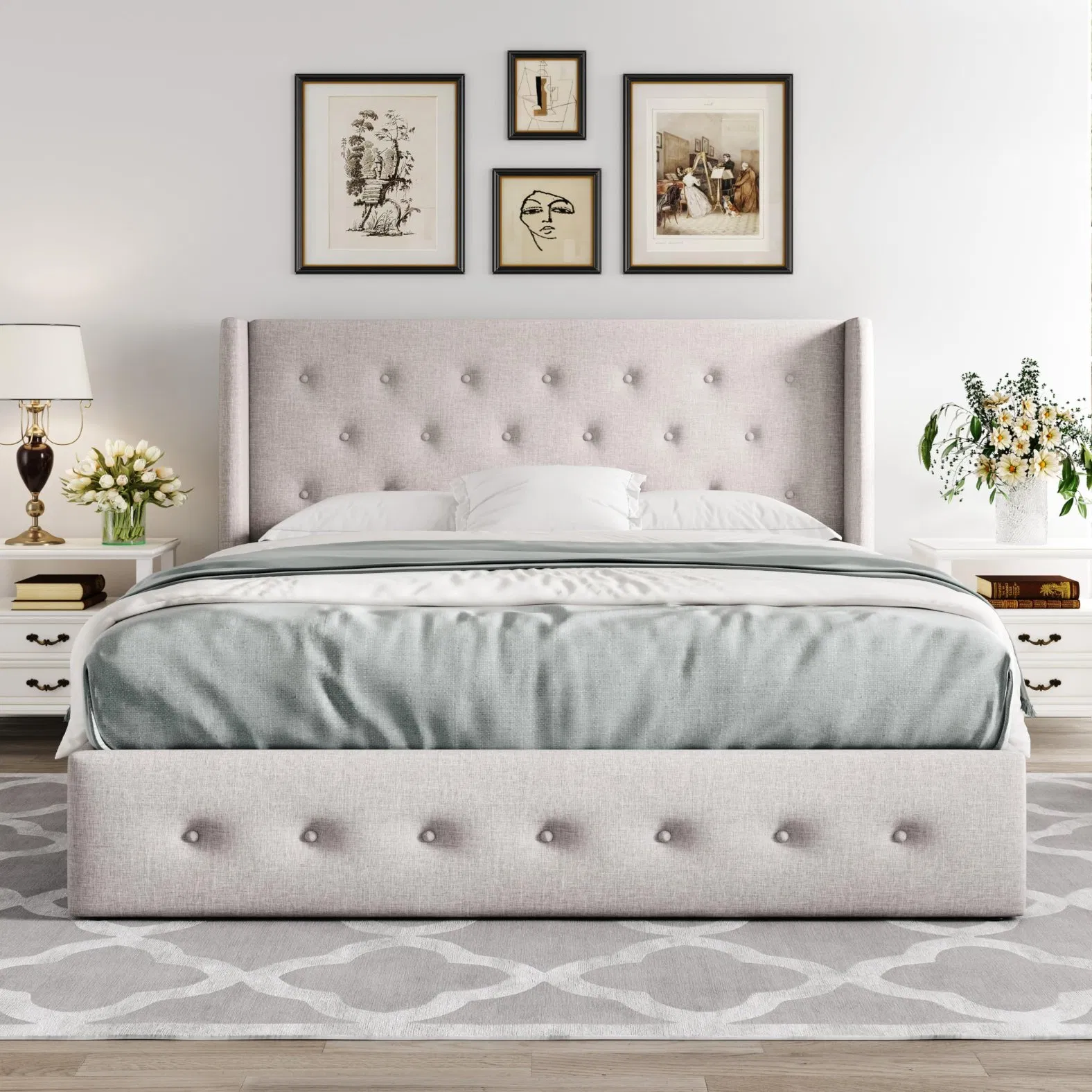 Luxurious King Size Upholstered Wooden Bed Frame with Hidden Storage