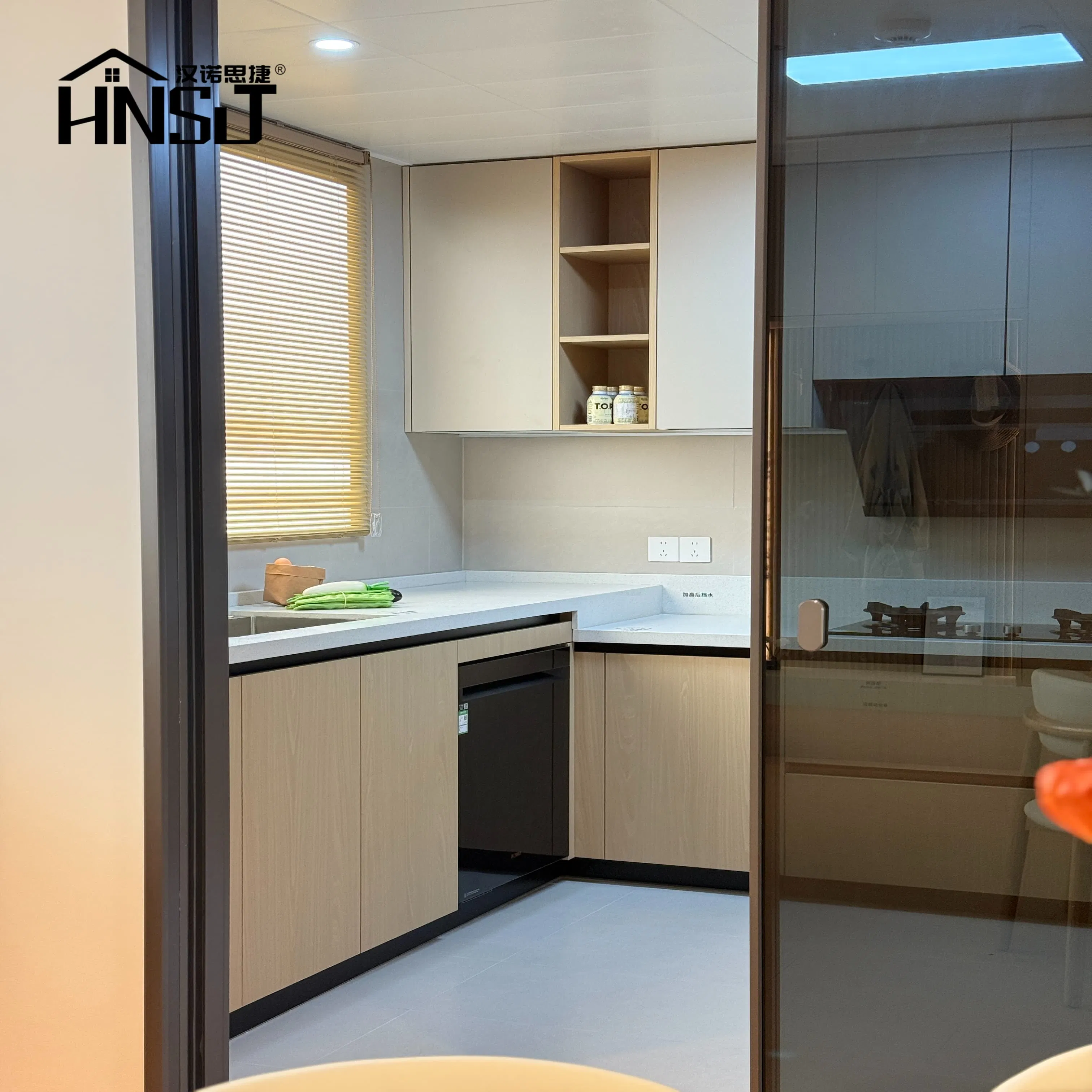 Wood Grain Countertop and Plywood Kitchen Cabinet Set with White High-Gloss Lacquer Kitchen Cabinet Modern Furniture Kitchen Cabinet Outdoor Kitchen