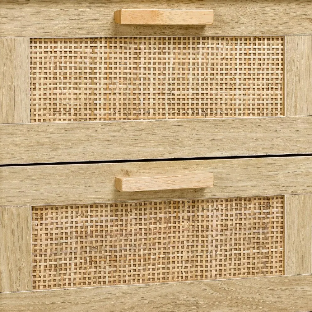 Nordic-Inspired Solid Wood Nightstand with 2 Handwoven Rattan Drawers (40×39.5×55cm) for Bedroom Spaces