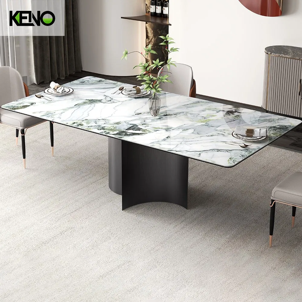 Modern 10 Chairs Set Black Base Marble Ceramic Sintered Stone Dining Table