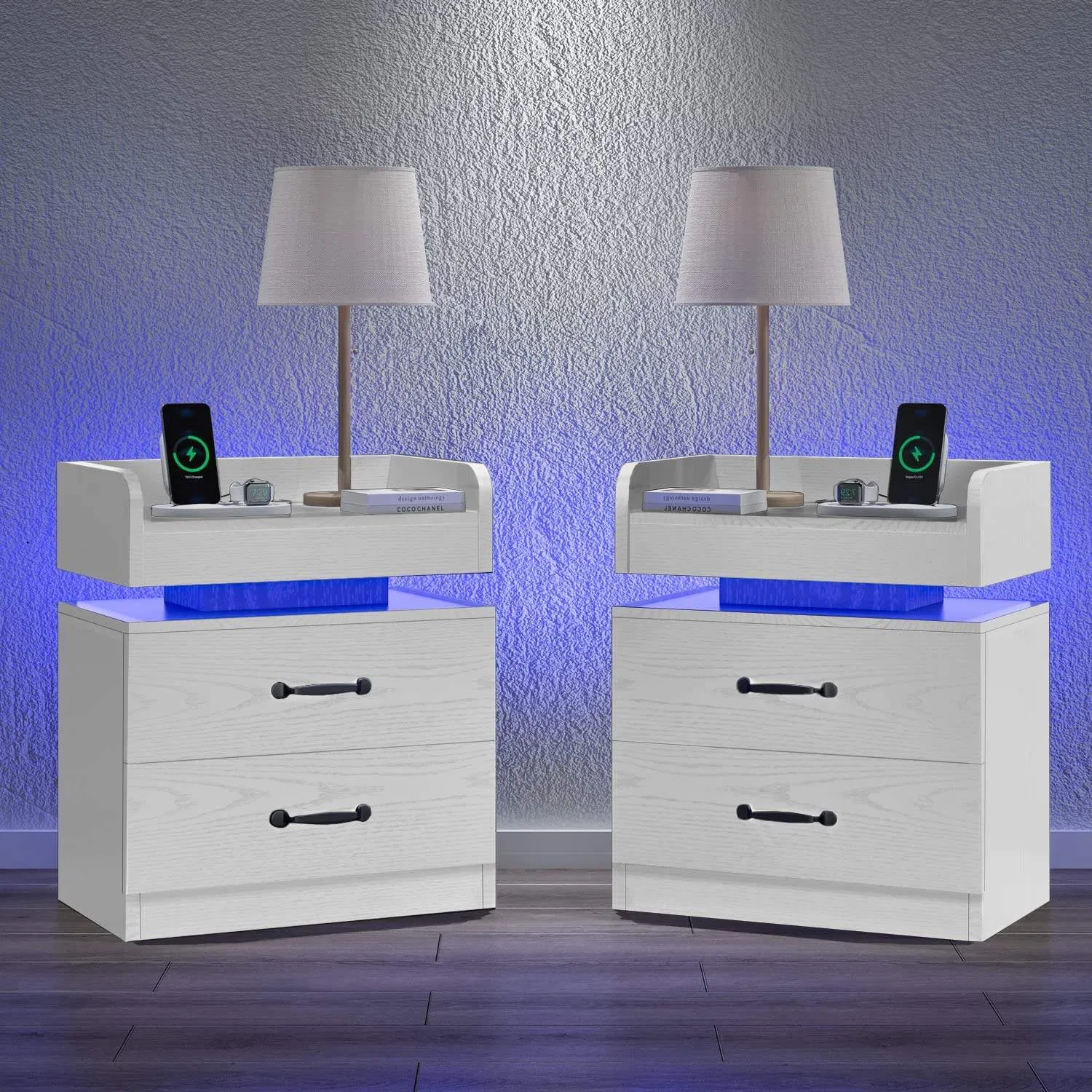 Modern Nightstand with USB Charging, 2-Tier Bedside Table with Drawer for Bedroom