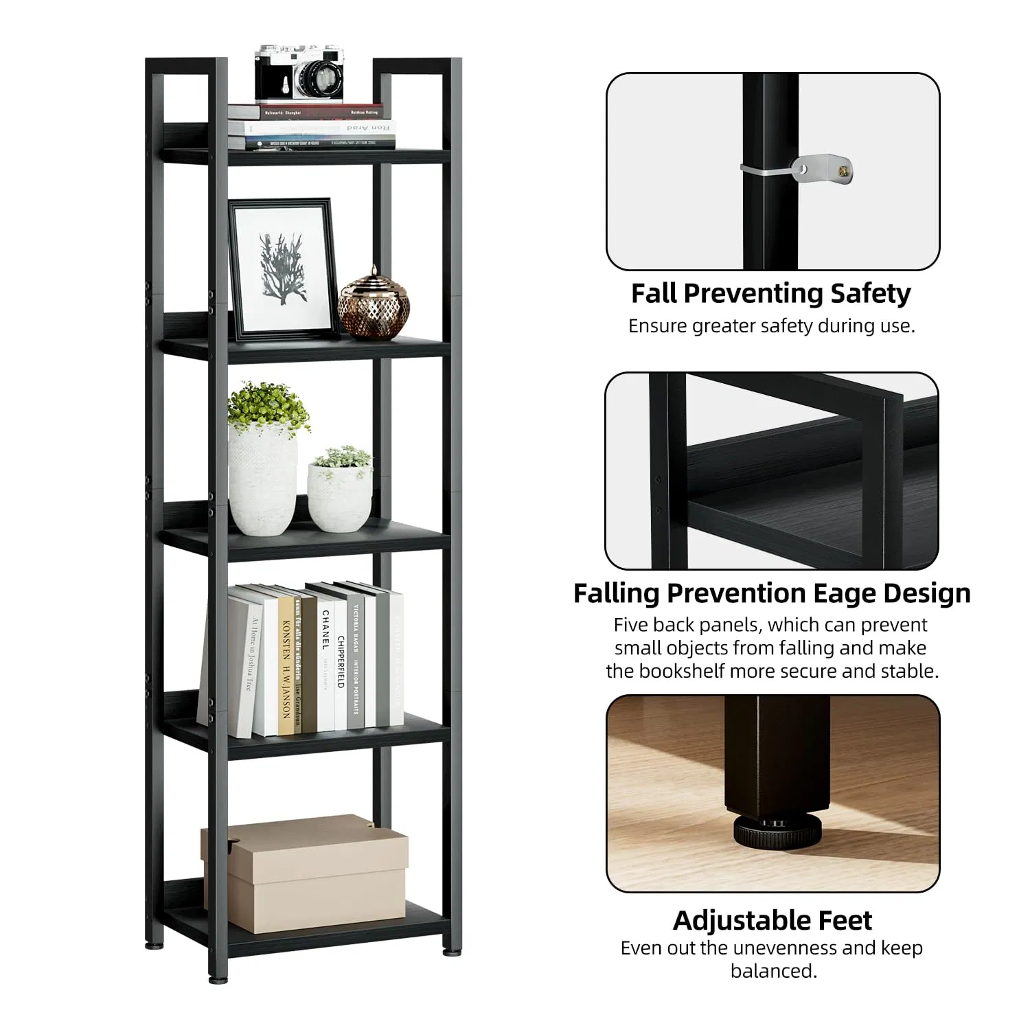 Narrow Bookshelf, 5 Tier Bookshelves, Free Standing Storage Shelving Unit