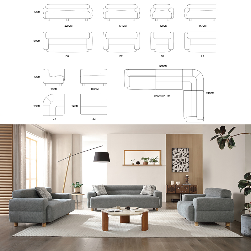 Modern 3 Seater Beige and Grey Sectional Sofa with Chaise