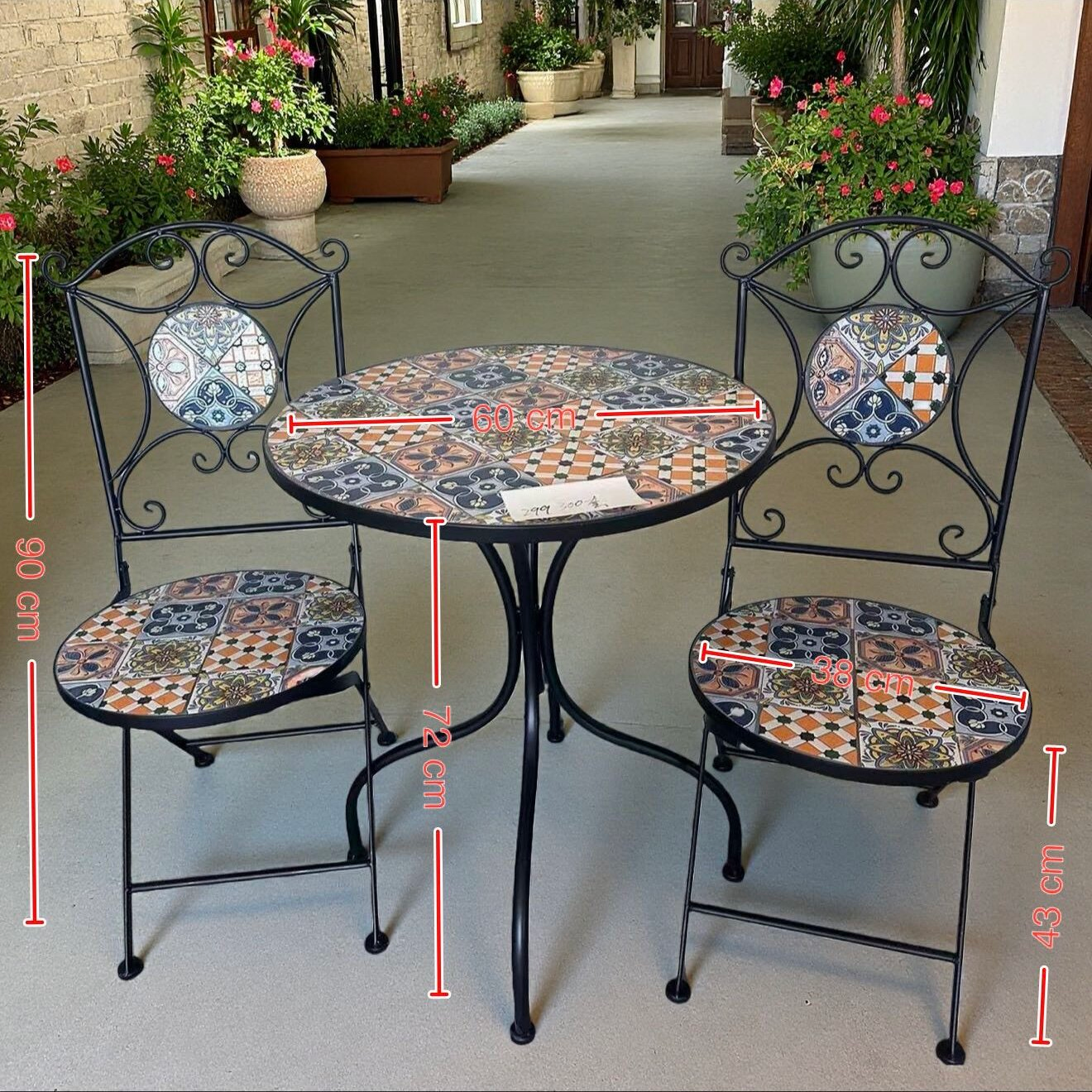 Outdoor Metal Folding Chair Set with Mosaic Cement Table Rustproof Wrought Iron Garden Furniture for Patio Yard