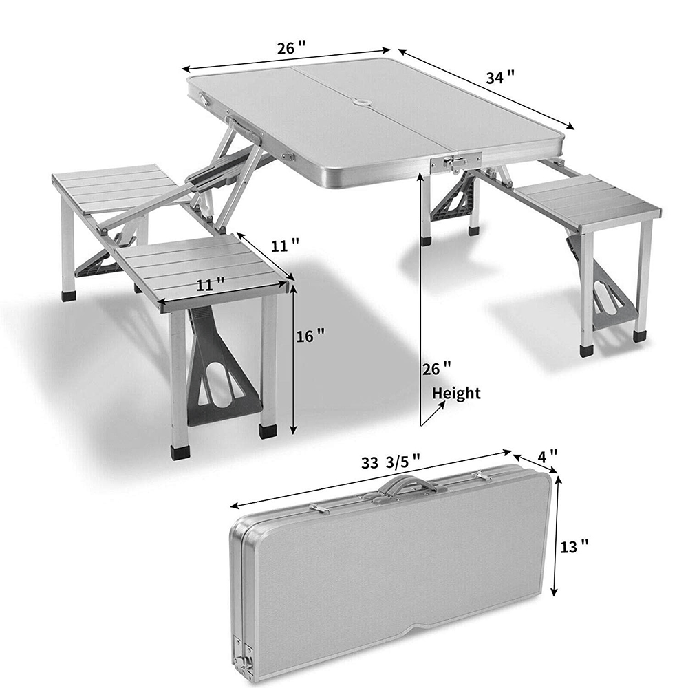 Aluminum Folding Picnic Table with 4 Seats Portable Camping Table with Bench Outdoor Suitcase Table for BBQ Picnic Hiking