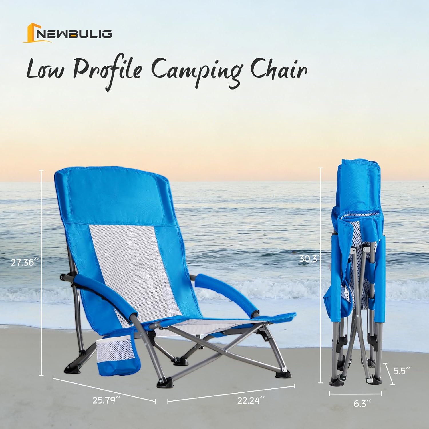 NBT Outdoor Low Profile Beach Chair-Folding Camping Chair Iron Frame Oxford Mesh Cup Holders Carry Bag Extra Wide Seat High Back